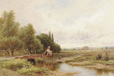 Lot 887 - Henry Hillier Parker (1858-1930) Landscape with a Girl Watering a Horse Signed, oil on canvas, 51cm