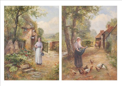 Lot 891 - Ernest Walbourn (1872-1927) Garden in Summer with a Girl Standing beside Beehives, doves...