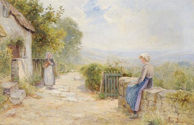 Lot 892 - Ernest Walbourn (1872-1927) Summer Landscape with a Girl seated on a Wall, a lady nearby...