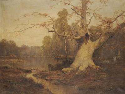 Lot 893 - Alfred de Breanski Snr R.B.A. (1852-1928) Woodland Scene with a Figure and Dog beside a Lake...