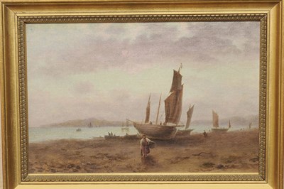 Lot 900 - Thomas Lucop (19th century) Beach Scene at Low Tide with Figures unloading Fishing Boats Signed and