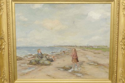 Lot 901 - John Smart III (d.1813) "Children on Girvan Beach Flying a Kite" Partially inscribed on...