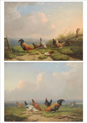 Lot 912 - Cornelis van Leemputten (1841-1902) Belgian Chickens in a Field with an Extensive Landscape Beyond