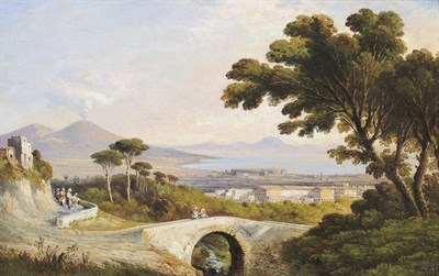 Lot 913 - Attributed to Giuseppe Carelli (1858-1921) Italian View of the Bay of Naples, figures on a...