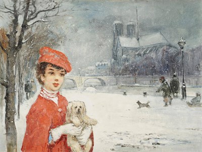 Lot 919 - Circle of Marcel Dyf (1899-1985) French Lady holding a Terrier, with figures and a dog beside...