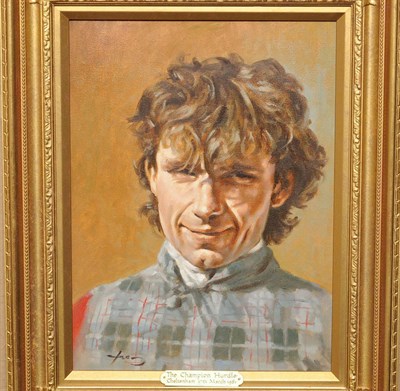 Lot 930 - Graham Isom (b.1945)  Potrait of John Francome Signed, inscribed on a plaque attached to the frame