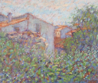 Lot 947 - John Mackie (b.1955)  "Canét Village" Signed and inscribed verso, dated 1987, oil on canvas,...