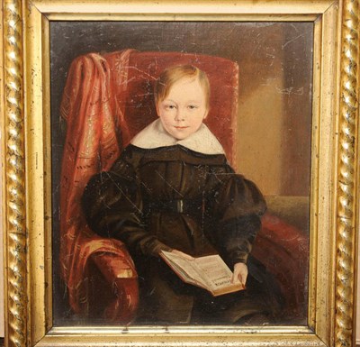 Lot 956 - Clément Burlison (1815-1899) Portrait of a Boy, seated, three quarter length, holding a hymn...