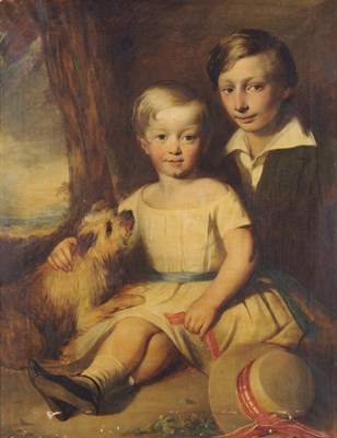 Lot 957 - English School (19th century) Portrait of Two Children, seated beside a tree holding a dog  Oil...