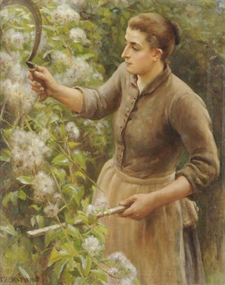 Lot 969 - Attributed to Francis H. Eastwood (ex.1880-1908) Girl Gardening, holding a scythe Signed, oil...