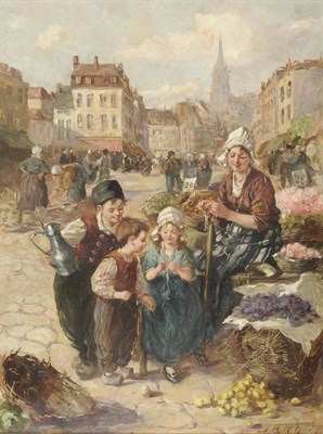 Lot 971 - Jessie M. McGeehan (1872-c.1962) Continental Flower Market with Children in the Foreground,...