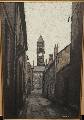 Lot 974 - Stuart Walton (b.1933)  "Wakefield Town Hall" Signed and dated (19)70, oil on canvas board,...