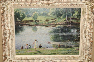 Lot 975 - John Smith Atherton (1877-1943) River Landscape with Figures Bathing Inscribed with the...