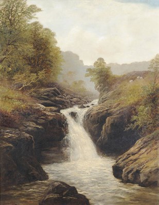 Lot 982 - William Mellor (1851-1931) Waterfall Scene with Sheep Grazing upon a Grassy Bank Signed, oil on...