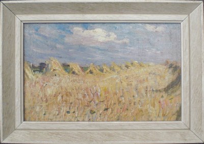 Lot 988 - James William Booth R.Cam.A. (1867-1953) Corn Stooks in Summer Signed, oil on canvas laid down,...