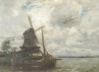 Lot 990 - Arthur A. Friedenson (1872-1955) "Windmill and Sailing Barge" Signed, inscribed on a later...