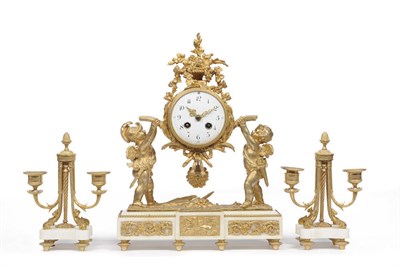 Lot 997 - A Marble and Gilt Metal Striking Mantel Clock and Garniture, the case surmounted by a basket of...