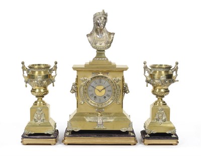 Lot 998 - An Egyptian Revival Gilt Brass Striking Mantel Clock with Garniture, retailed by West & Son, Paris