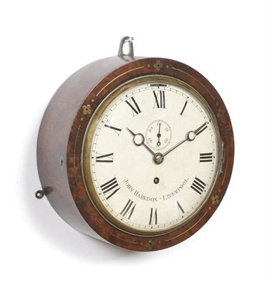 Lot 1009 - A Mahogany and Brass Inlaid Wall Clock, the circular case with brass inlaid front, 8-inch white...