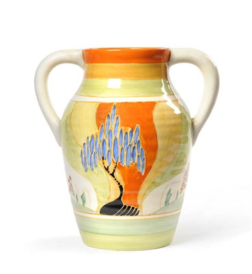 Lot 1054 - A Clarice Cliff Bizarre "Windbells" Twin-Handled Lotus Jug, painted in colours, printed mark,...