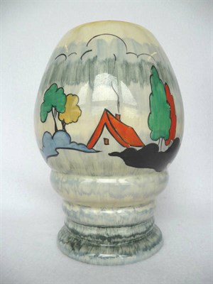 Lot 1055 - A Clarice Cliff Bizarre "Aura Cottage" Shape 362 Vase, painted with a single red roofed cottage and