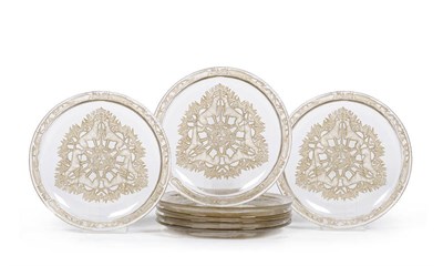 Lot 1058 - A Set of Seven Rene Lalique "Chasse Chiens" Clear and Sepia Stained Plates, moulded to the...