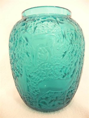 Lot 1060 - A Lalique "Biches" Ovoid Blue Vase, moulded with deer and foliage, etched Lalique France, 17cm