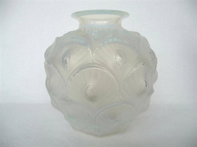 Lot 1061 - A Sabino Opalescent Ovoid Vase, with everted rim, moulded with stylised peacock feathers,...