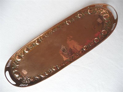 Lot 1073 - A Newlyn Copper Oval Tray, with pierced gallery, embossed with fruit and foliage, stamped...