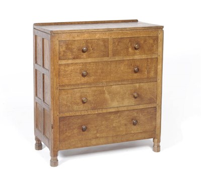 Lot 1081 - A Robert "Mouseman" Thompson Panelled Oak Chest of Drawers, with raised upstand, above two...