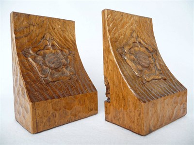 Lot 1115 - A Pair of Thomas "Gnomeman" Whittaker Oak Bookends, each carved with a Yorkshire rose, with a...