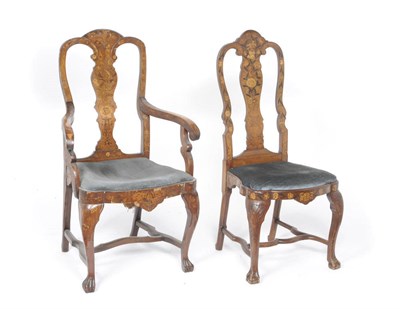 Lot 1178 - A Set of Six Dutch Mahogany Veneered and Later Inlaid Dining Chairs, the bended backs and vase...