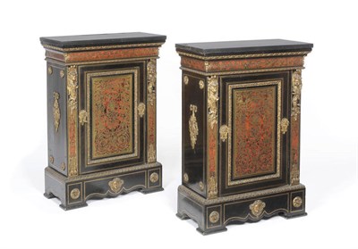 Lot 1181 - A Pair of 19th Century Ebonised Red Boulle and Marquetry Side Cabinets, with gilt metal mounts, the