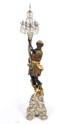 Lot 1186 - An Italian Carved and Polychrome Painted Blackamoor Electrolier, 20th century, the male figure...