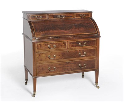 Lot 1206 - A Sheraton Revival Mahogany and Satinwood Banded Bureau, having three short drawers above a...