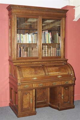 Lot 1212 - A Walnut Cylinder Bureau Bookcase, circa 1870, the upper section with a dentil cornice above...