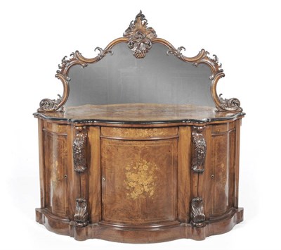 Lot 1264 - A Victorian Walnut and Marquetry Bowfront Sideboard, the mirror back within a carved and...