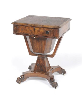 Lot 1285 - An Early Victorian Work Table, veneered in burr arbutus, the square top with a chamfered edge...