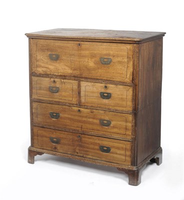 Lot 1286 - A 19th Century Teak Campaign Chest, in two parts, the upper part with a fitted secretaire...