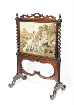 Lot 1316 - A Rosewood Framed Fire Screen, mid 19th century, supported on spiral turned columns with turned and