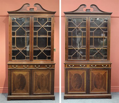 Lot 1320 - A Pair of Mahogany and Satinwood Bookcases, late 19th century, the fretwork and scrolling...