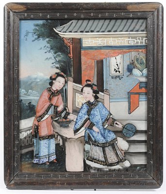 Lot 178B - A Chinese Reverse Painting on Glass, 19th century, depicting two pretty young women, one...