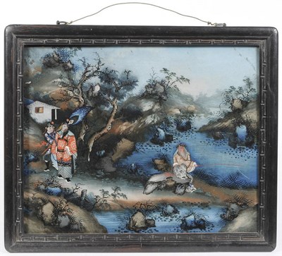 Lot 178C - A Chinese Reverse Painting on Glass, 19th century, depicting a war lord and attendant approaching a