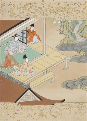 Lot 178J - Tosa School, 19th century: Daimyo and Attendants, in a pavilion by a waterfall, ink, colours...