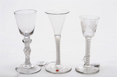 Lot 3 - Three Opaque TwistWine Glasses, circa 1760-70, comprising bucket bowl, round funnel and trumpet...