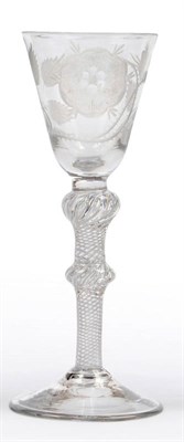 Lot 25 - A Wine Glass, circa 1750, the round funnel bowl engraved with a rose, bud and leaves, with...