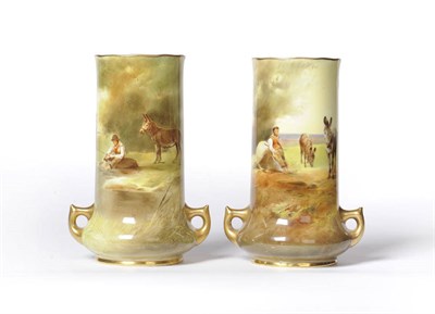 Lot 46 - A Pair of Royal Doulton Porcelain Two-Handled Cylindrical Vases, circa 1910, each with sponged gilt