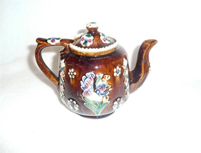 Lot 50 - A Measham Type Teapot, Victoria Inn 1887, of compressed cushion shape, applied on one side with...