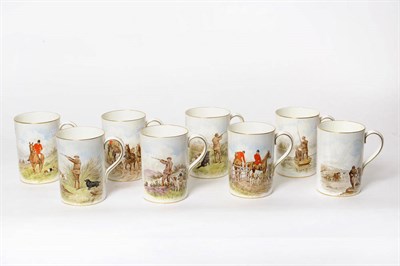 Lot 54 - A Set of Eight Royal Crown Derby Porcelain Sporting Theme Pint Mugs, early 20th century, each...