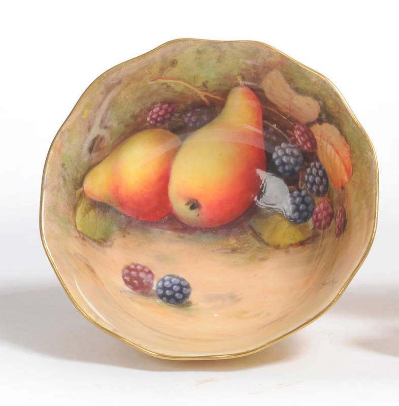 Lot 67 - A Royal Worcester Fruit Painted Porcelain Sugar Bowl, Albert Shuck, circa 1923, with undulating rim